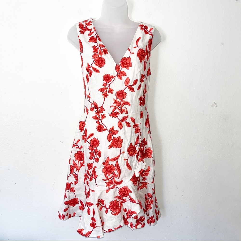 Rebecca Taylor Scarlett Floral Embellished Sleeveless Wrap Linen Dress Sz 6 - Picture 3 of 12